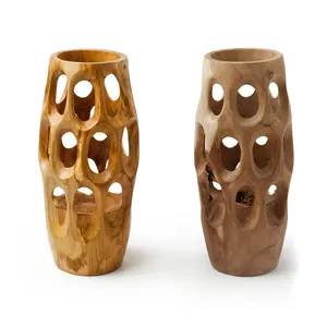 Vase en bois artisanal avec découpes ovales organiques mettant en valeur les motifs de grain naturel, accent décoratif sculptural moderne pour la maison - Product Image 6