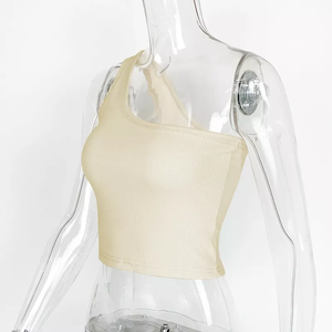 Débardeur en coton cool d'été pour femmes, débardeurs sexy de couleur unie à texture côtelée, débardeur côtelé à épaules dénudées, en stock - Product Image 2