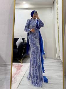 Robe de soirée sirène bleu marine pour femme, élégante et luxueuse, coupe modeste, longueur ras du sol, manches longues, taille naturelle, avec soutien-gorge intégré - Product Image 3