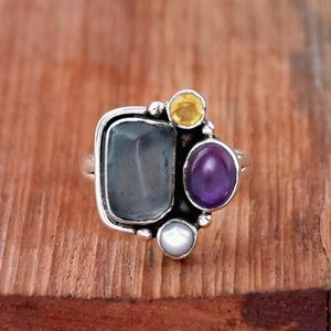 <b>Raw</b> Blue Topaz <b>Amethyst</b> Citrine Christian Bohemian 925 Sterling Silver Multi Stone Statement Ring Gift for Women - Product Image 1
