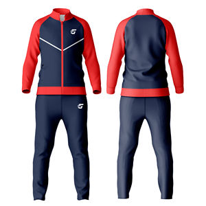 Fabricante de chándal personalizado Conjunto de ropa deportiva azul marino y rojo con chaqueta con cremallera Traje de entrenamiento de poliéster transpirable - Product Image 1