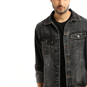 Veste universitaire en denim vintage en coton lavé avec fermeture à glissière avant, ourlet blanc, jean vieilli, veste de moto d'extérieur, manteau personnalisé - Product Image 5