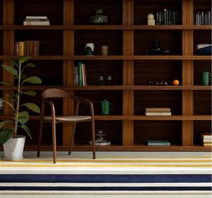 Alfombra moderna de lana a rayas, alfombra hecha a mano con mechones, mostaza, marfil, gris marino, Alfombra de área de diseñador de lujo contemporáneo - Product Image 2