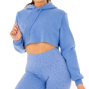 Haute qualité femmes 100% coton polaire à capuche personnalisé couleur unie écologique Streetwear court haut court hiver à capuche - Product Image 2
