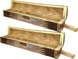 Lot de 2 brûleurs à encens en bois sculpté en forme de cercueil - 12 pouces - Compartiment de rangement sculpté - Brûleur à encens en bois sculpté soleil - Product Image 3