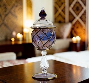 เตาเผากำยานแก้วศิลปะพื้นบ้านอียิปต์ LW68 พรีเมียม ขนาด 20 ซม. ทนความร้อน ลายตารางสีทอง เป่าด้วยมือ สำหรับบัคฮูร์และอูด - Product Image 3