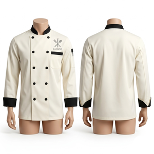 Mens Chef Uniform 240 GSM Poly Cotton Fabric Cream Black Contrast Cuffs Embroidered Custom Logo <b>Kitchen</b> Coat Chef Uniform - Product Image 1