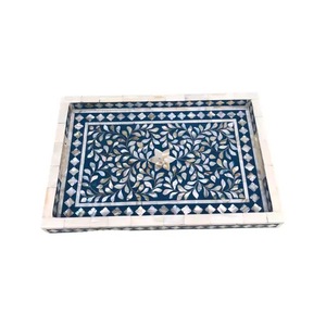 Bandeja de servicio rectangular de latón personalizable, varios patrones florales, diseño de incrustaciones de hueso indio disponible en varios tamaños y colores - Product Image 2