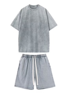 Ensemble de t-shirts décontractés en coton gris, col rond, manches courtes, motif, coton lavé, pour l'été - Product Image 1
