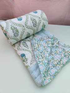 Handmade Floral Block Print Razai Quilt Organic Cotton Warm Reversible - Product Image 5