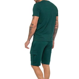 Men's Green Cotton T-Shirt and Cargo Shorts <b>Set</b> Crew Neck Casual Summer Wear Breathable <b>Knitted</b> Solid Color Outfit - Product Image 2