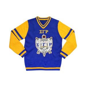 SGRho scollo a V manica oro blu reale Sigma Gamma Rho hibu greco confraternita abbigliamento ricamato Crest College abbigliamento in maglia - Product Image 2