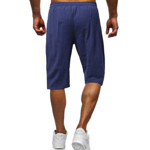 Shorts d'été en toile pour homme, taille haute, avec cordon de serrage, 180g, longueur genou, sport, décontracté, respirant, couleur unie, logo frontal - Product Image 2