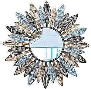 Contemporary Modern Round <b>Wall</b> Mirror with Handmade Embedded Metallic <b>Leaf</b> Pattern Frame for Wedding <b>Wall</b> <b>Decorations</b> - Product Image 2