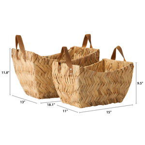 Wholesale Set Open Weave Natural Water Hyacinth Seagrass Storage <b>Baskets</b> Organization Handwoven <b>Basket</b> with Leather Handle - Product Image 5