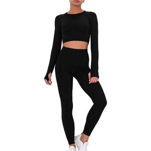 Ensemble de Yoga sans couture 8 couleurs pour femmes Gilet basique T-shirt Top Tummy Control Peach Hip Lift Leggings 2pcs Solid Sports Suit - Product Image 1