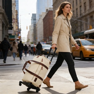 Custom <strong>Large</strong> Ovenight <strong>Holdall</strong> Zip Leather Trim Duffle Weekender Bags Eco Heavy Duty Canvas Suit Duffel Travel Bag With <strong>Wheel</strong> - Product Image 5