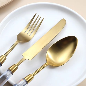 Juego de cubiertos con mango acrílico transparente, cuchillo, tenedor, cuchara, chapado en oro, calidad increíble a un precio razonable - Product Image 5