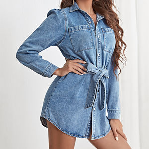 Fully Customized Eco-Friendly Leopard Print Long Sleeve Autumn Belt Loose Denim Shirt Dress Women's Casual Outwear - Product Image 3