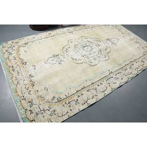 พรมตุรกีวินเทจขนแกะสีเบจสีฟ้า5.2 x 9.1ft แบนถักลายสำหรับตกแต่งห้องนั่งเล่นห้องโถงใช้น้ำยาง - Product Image 2