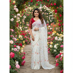 Sari de Seda Georgette Premium, Largo hasta el Suelo, con Bordado de Lentejuelas Multihilo, Borde Arcoíris Dorado, Elegancia Bollywood - Product Image 1