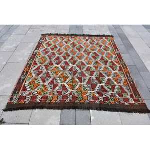 <b>Traditional</b> Beige Wool <b>Rug</b> 4.9 X 6.2ft Handmade Turkish Kilim Patchwork Rectangle Design <b>for</b> <b>Living</b> <b>Room</b> Bedside Hallway Latex - Product Image 1