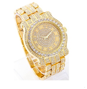 Montre-bracelet en métal bling à cadran romain, ton or, pavé de diamants glacés avec de la moissanite simulée, style business, acier inoxydable - Product Image 2