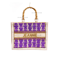 Sac fourre-tout personnalisé en perles, fait main, broderie florale, poignée en bois souple, multi-usages, durable, grande fermeture éclair