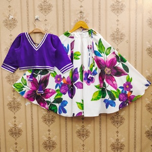 Conjunto de Lehenga Choli Infantil con Estampado Floral Abstracto de Durga, Dupatta Ligero, Largo hasta el Suelo, Moderno, para Fiestas Festivas, Niña, Diwali - Product Image 1