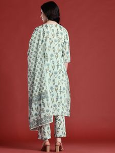 Kurta de algodón puro con estampado floral con pantalones y con Dupatta - Product Image 5