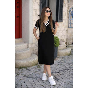 Women's Short Sleeve V-Neck Midi Length <b>Viscose</b> <b>Dress</b> with Ribbed Sleeves and Collar Detail, 37157 - Black - Product Image 3