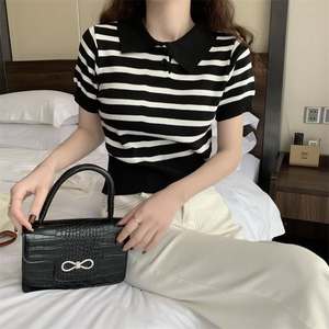 Women's <b>Blue</b> <b>Long</b> <b>Sleeve</b> <b>T</b>-<b>shirt</b> 100% Cotton Spring Autumn Fashion Ladies Casual Style with Lapel Striped Knitted Design - Product Image 2