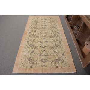 Tapis turc Vintage Beige Vert 3.5 X 6.6ft fait à la main en laine grande surface Patchwork Design rectangulaire couloir Latex pour la décoration de la chambre - Product Image 1