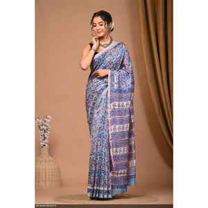 Hand <b>Block</b> Print Chandri Silk Saree Square-<b>Shaped</b> Exquisite Indian Traditional Wear - Product Image 1