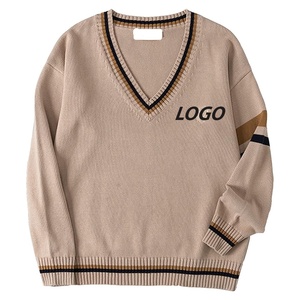 Vente en gros de pull à col en V unisexe avec logo personnalisé, pull tricoté à manches rayées, cardigan d'hiver de marque privée, listes titrées - Product Image 1