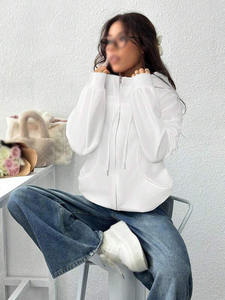 Sudadera con Capucha Blanca de Cuello Alto con Cierre para Mujer, Cuello de Embudo, Hombros Caídos, Puños Acanalados, Felpa de Algodón, Ropa Casual Urbana, Suministro al por Mayor - Product Image 4