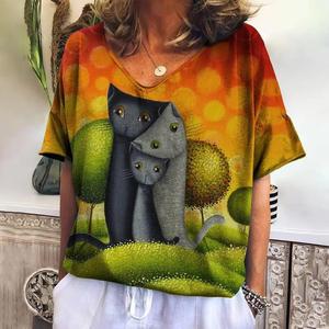 Cartoon <b>Cat</b> T Shirt For Women Summer V-neck Short Sleeve Tee Fashion 2025 Female Clothing Street wear Women's T-shirt - Product Image 4