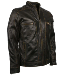 Venta caliente de los hombres Slim Fit Biker Jacket Nuevo producto-Cuero negro desgastado con cremallera de marca para montar en bicicleta de invierno - Product Image 3