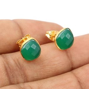 ต่างหูเม็ดเล็ก925แท้ชุบทอง18K ประดับพลอยควอตซ์มรกตทำด้วยมือสำหรับผู้หญิง - Product Image 2