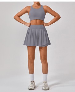 ชุดออกกำลังกายแขนยาวสำหรับผู้หญิง, ชุดออกกำลังกายฟิตเนสรับแรงกระแทกมีซิป UPF50 + ชุดเล่นโยคะออกกำลังกายกระโปรงเทนนิส - Product Image 3