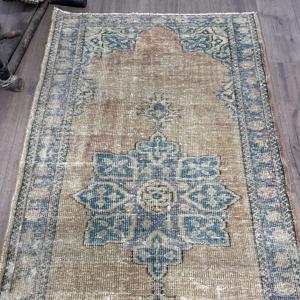 3.5x6.6 ft Turkish Rug, Vintage Accent Rug, <b>Brown</b> Check <b>Wool</b> Rug - Product Image 4