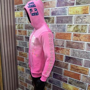 ODM OEM Custom Men's <b>Zip</b>-up <b>Hoodie</b> with Acid Wash & Embroidered Rhinestones Customizable <b>Hoodie</b> with Embroidered Rhinestones - Product Image 3