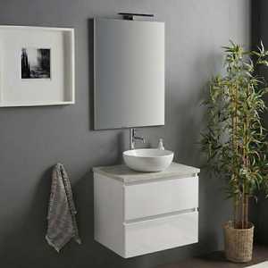 Modern Concrete Top and Baltimora <b>Mirror</b> 60cm High Gloss <b>White</b> Suspended Bathroom Cabinet - Product Image 2