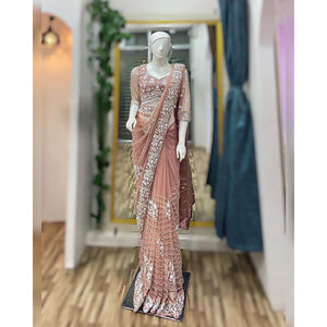 Sari indien pakistanais tendance en tissu de filet doux avec broderie de designer |   Sari de fête Bollywood pour la saison de l'Aïd et des mariages - Product Image 1