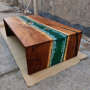 Fontaine époxy personnalisée des deux côtés Centre Table basse Sarcelle Perle Vagues Durable Fait à la main Résine Bois Moderne Meubles de salon - Product Image 6