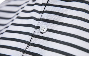 เสื้อยืดแขนสั้นของผู้ชายใหม่เสื้อโปโลสีดำสีขาวลายทางสำหรับธุรกิจสังคมลำลองเสื้อถักโลโก้ที่กำหนดเอง - Product Image 3