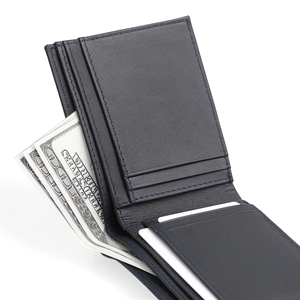 Cartera azul dividida de alta calidad de cuero genuino, bloqueo RFID multifuncional para hombres, Tarjetero con logotipo personalizado de lujo plegable al por mayor - Product Image 5