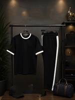 Ensemble jogging en tissu éponge noir pour homme, col asymétrique, manches courtes, couleur unie, décontracté, été, écologique, haute qualité