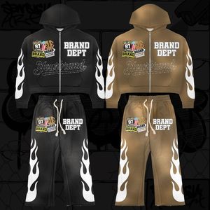 Chándales de diamantes de imitación para hombre SU MARCA chándal acampanado unisex bordado desgastado Sudadera con capucha y pantalones conjuntos lavado con ácido - Product Image 5