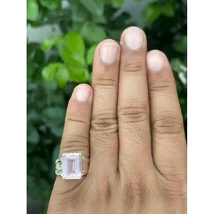 925 <b>Silver</b> <b>Ring</b> with Rose Quartz and <b>Emerald</b> Cut for Engagement - Product Image 4